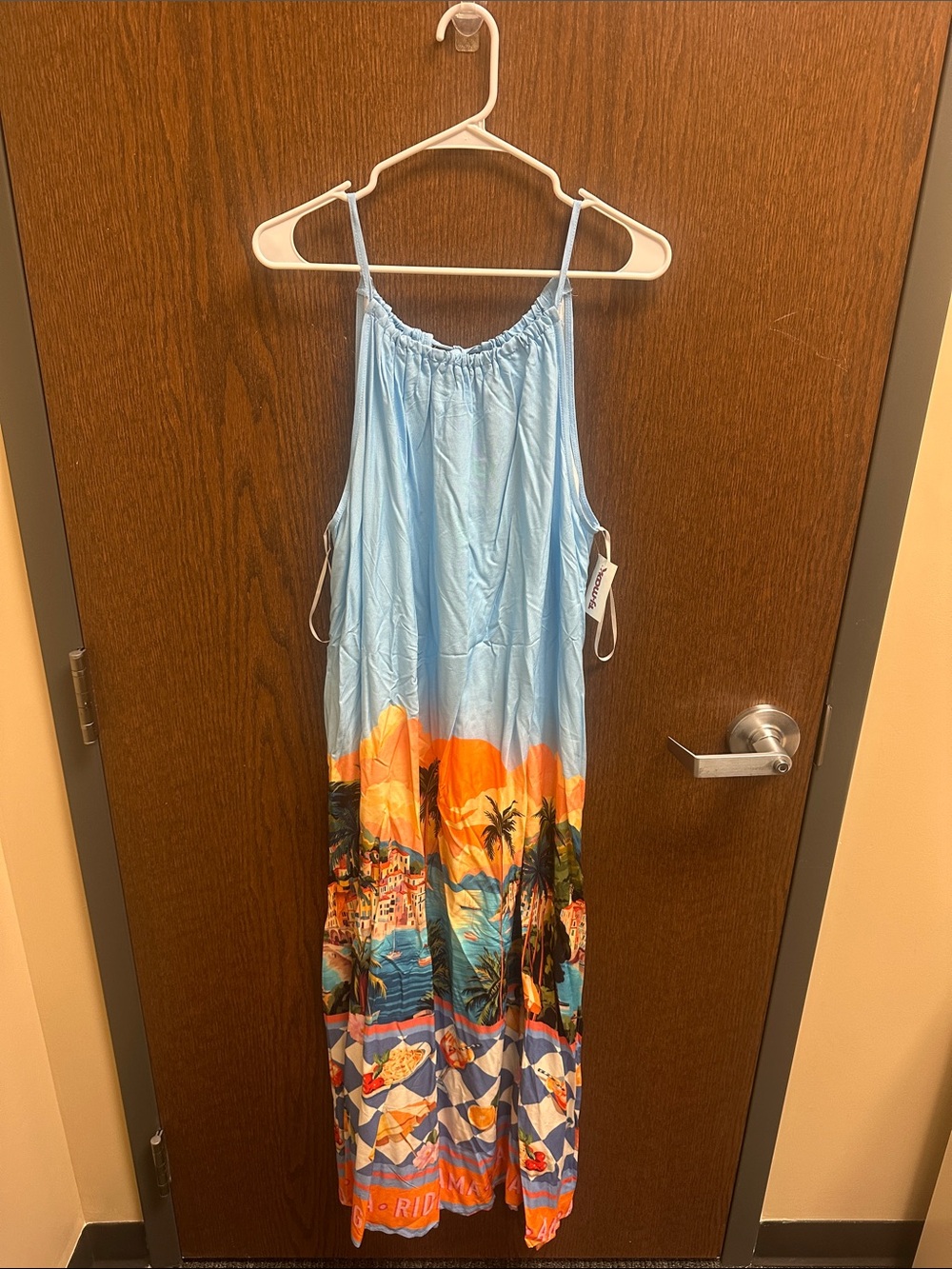 Light Blue Tropical-Print Maxi Dress with Sunset Border